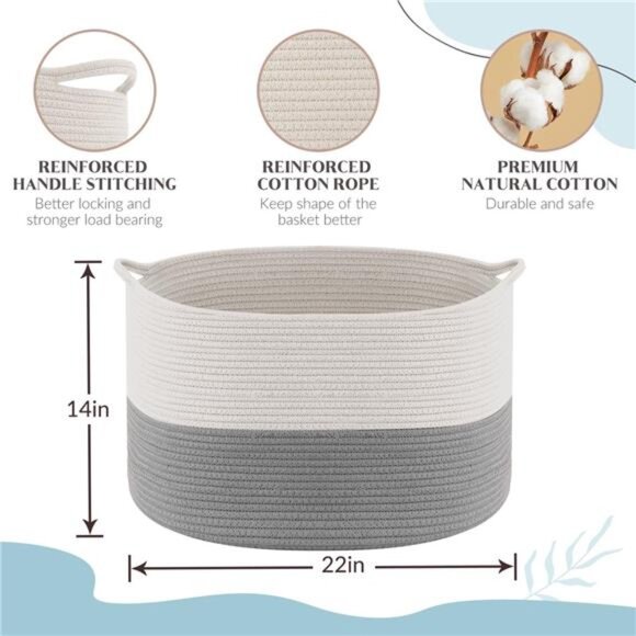 Blanket Basket Living Room - 22" x 22" x 14" Cotton Rope Baskets for Storage - Picture 3 of 7